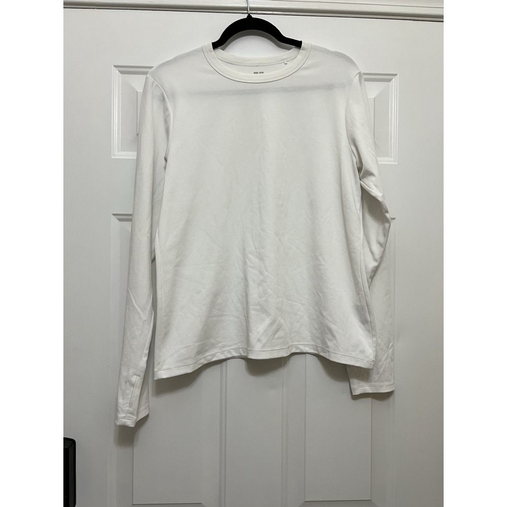 UNIQLO Soft Knit Fleece Crew Neck T-shirt White Women's Large Long Sleeve Dry